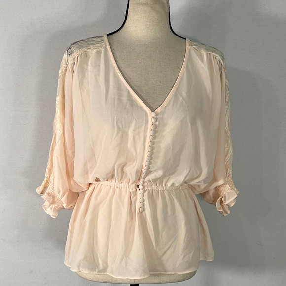 Forever 21 Tops - NWOT Forever 21 Peach Lace-Trim Button-Front Sheer Chiffon Blouse Size Medium